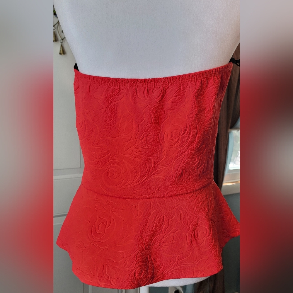 Y2K Strapless Peplum Top w/ Gold Wa Accent Womens 1X Red Embossed Rose By Blush - Picture 3 of 10